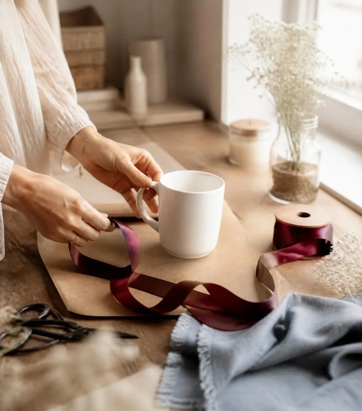 Handmade personalization workspace with mugs and tools